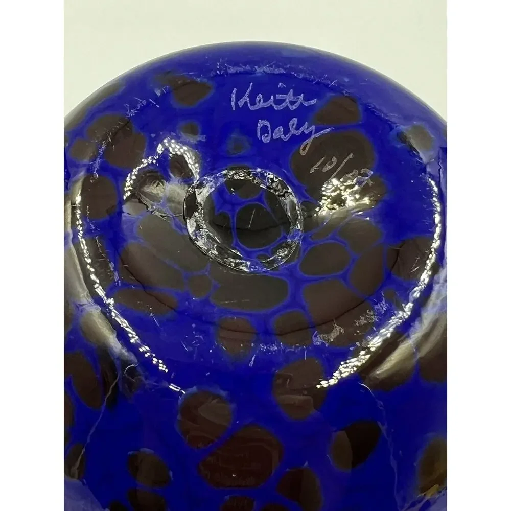 Handblown Art‎ Glass Vase Blue Signed Ruffled